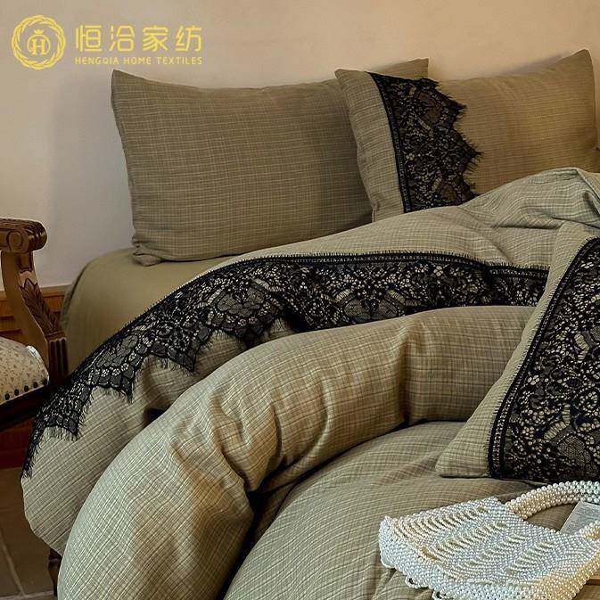 复古风蕾丝全棉色织双层纱四件套纯棉格子简约被套床上用品绿色