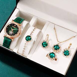 6PCS Set Green Luxury Quartz Watch Women Ring Necklace Earri
