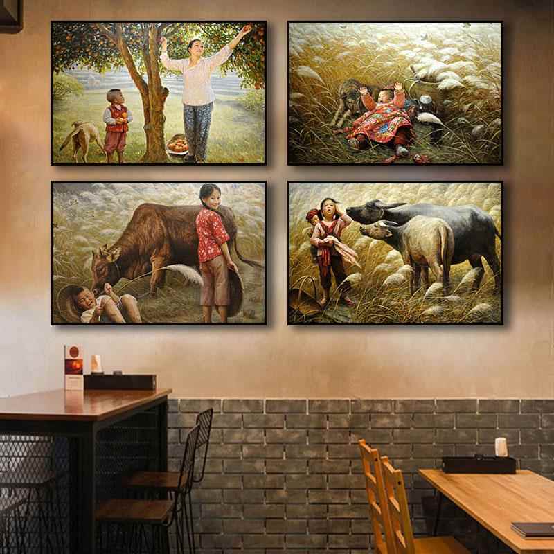 农村田园风光装饰画复古怀旧农家乐饭店挂画牛肉馆农庄牧牛图壁画图片