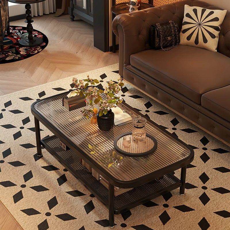 中古风客厅长方形玻璃茶几沙发边角几复古法式小户型置物架小茶g^