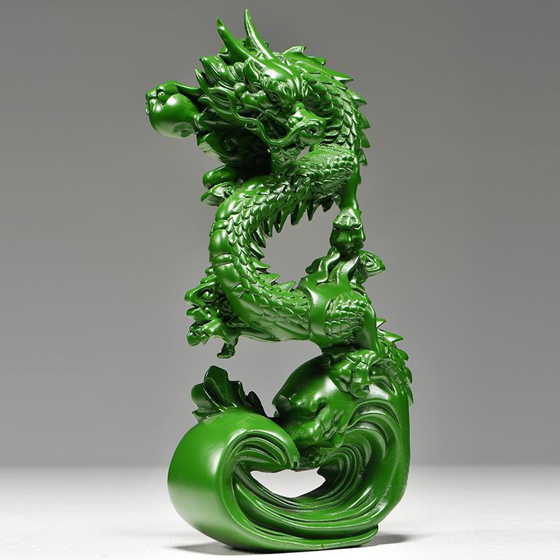 纯木龙摆件绿色木质盘龙吉祥物青龙年生肖实木雕刻木头补角工艺品
