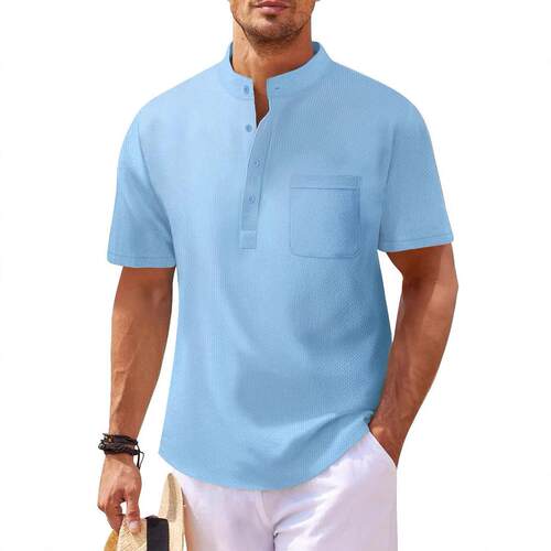 Men's shirt short sleeved stand up collar open button