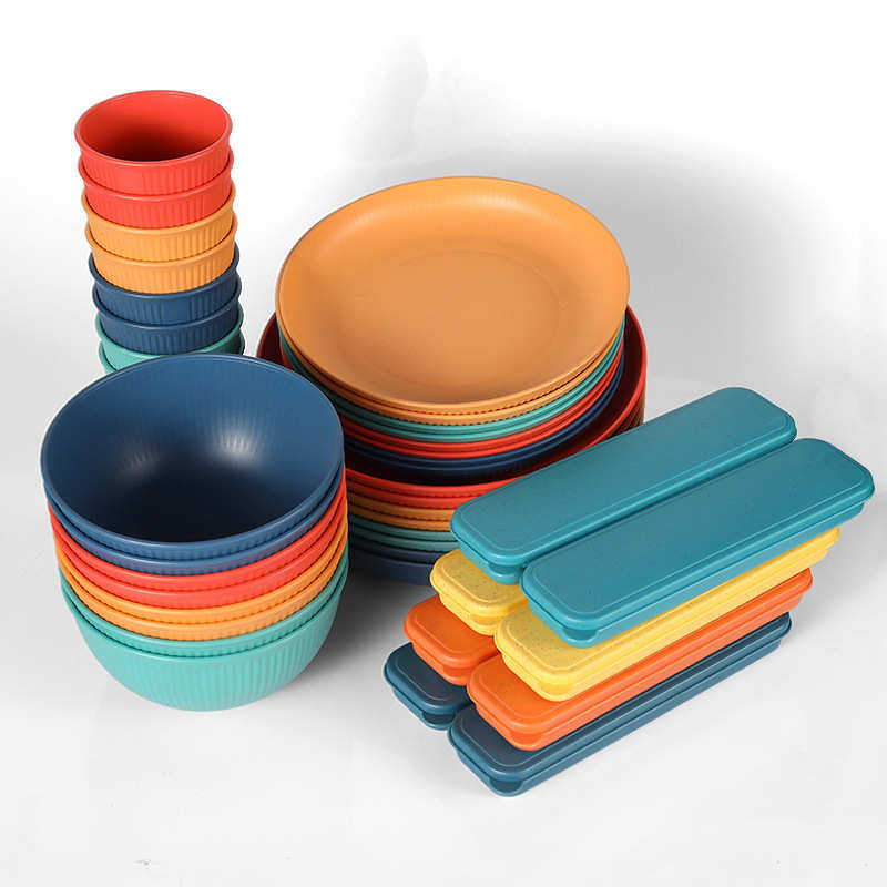 热销 小麦秸秆餐具8人份盘碗杯刀叉勺套装家用野餐塑料盘碗,餐饮具,盘,淘宝优惠券,粉丝福利购,淘宝优惠卷