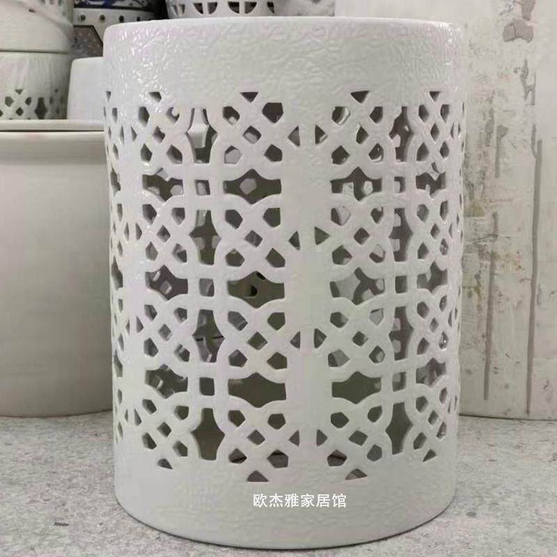 白色手工镂空方孔陶瓷鼓凳创意圆柱形凳子现代简约客厅沙发边几凳