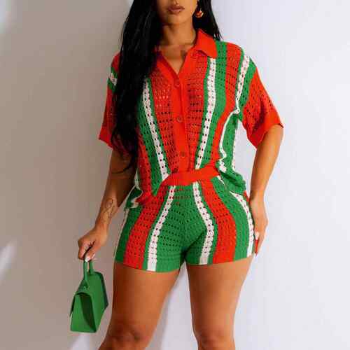 Women ' s Colorblock Print Knitted Button Fly Short Sleeve