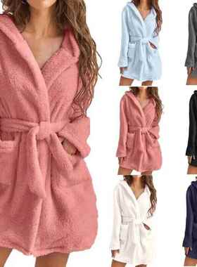 Winter Robe Ldies Dressing Gown Fluffy Bthrobe Hooded Bth