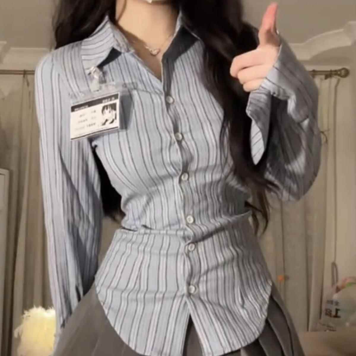 Hot Girl Style Striped Long Sleeve Waist Shirt Womens