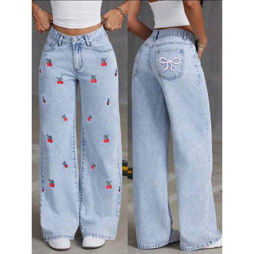 Women's Cute Butterfly Embroidery Loose Fit Jeans Pants Mid