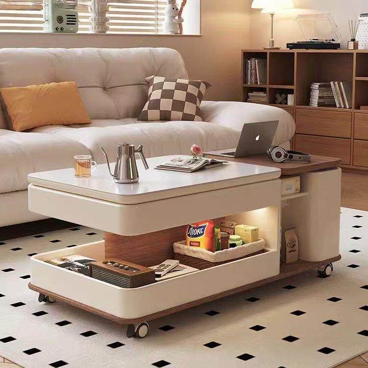 胡桃木实木移动茶几小推车家用客厅多功能中古风升降岩板边几茶桌