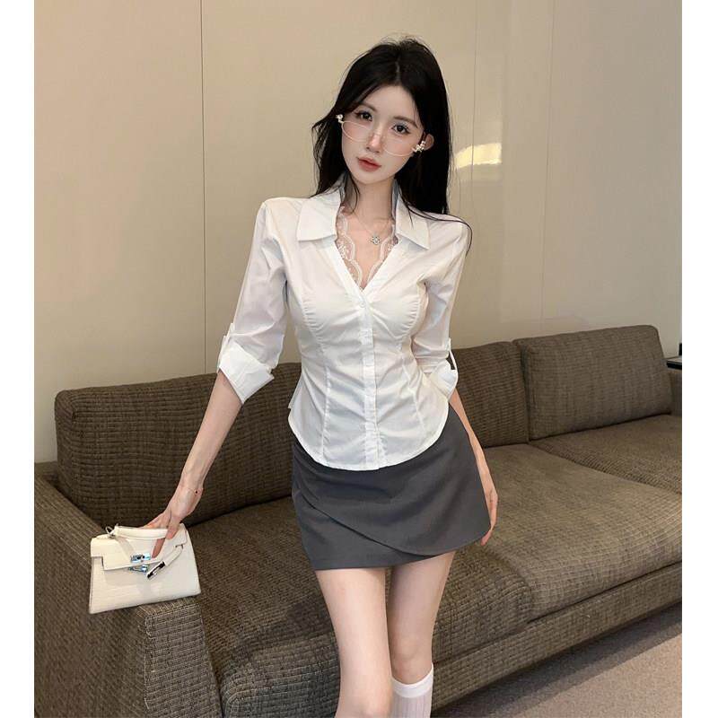 纯欲风性感蕾丝拼接白衬衫包裙套装OL秘书穿搭按摩足浴技师工作服