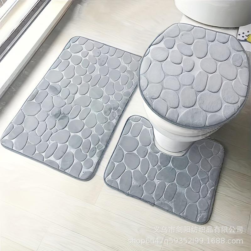 出口跨境马桶三件套珊瑚绒鹅卵石浴室地垫浴室门口吸水脚垫防滑垫