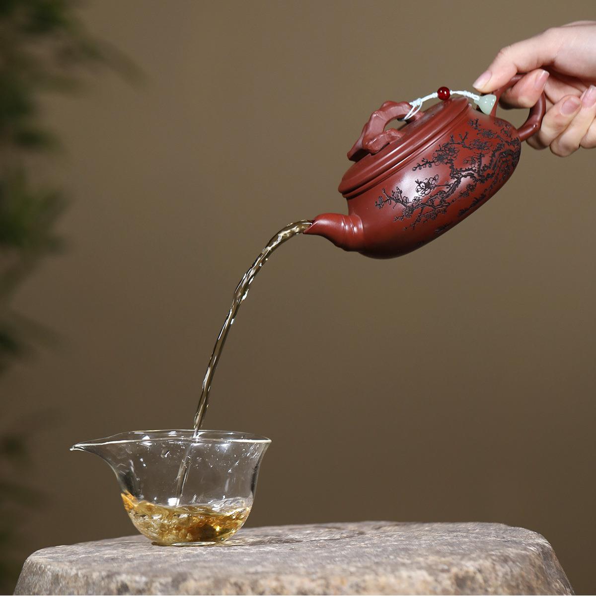 文发宜兴紫砂壶货匠人手工制作原矿血砂密红梅扁鼓高端龙茶ZHIFU-