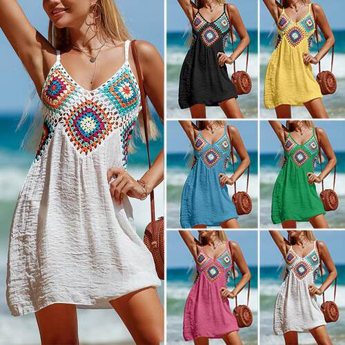 Colorful Patchwork Beach Cover-Up Dress Sexy Summer Woven
