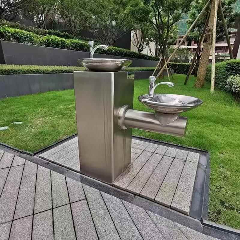 不锈钢户外直饮水台方座双盆直饮台按压式水台商用超滤过滤泉自达