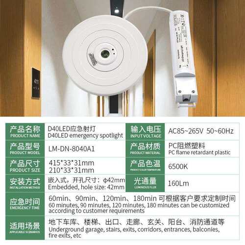 CE ROHS认证筒灯led嵌入式应急灯楼道阳台筒灯IP40紧急照明射灯