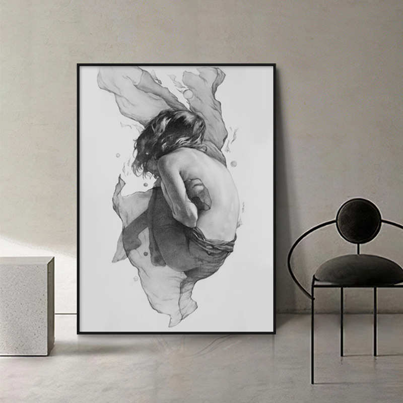 现代北欧黑白素描人物文艺落地玄关装饰画客厅卧室复古小众墙挂画图片