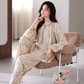 宫廷风全棉女士蕾丝花边家居服套装 2024新款 棉长袖 睡衣女春秋款