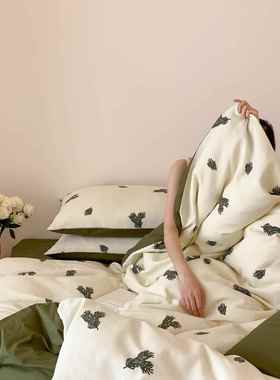 新款超柔华夫格全法棉床四件套in酒s纯色复古店笠民宿式白色床单