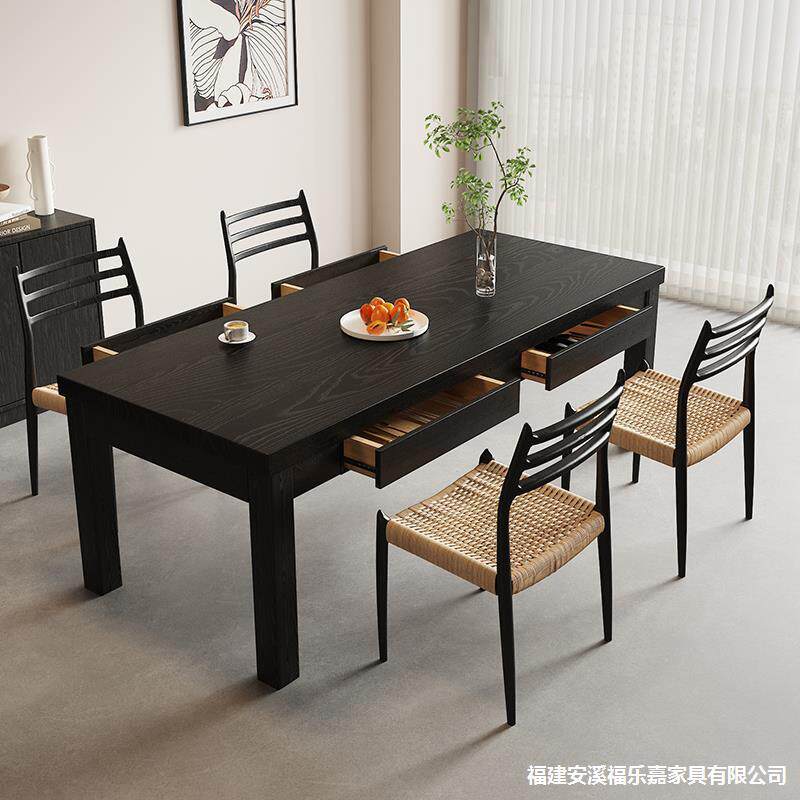 诧寂碳化黑色实木餐桌白蜡木带抽屉储物长桌家用吃饭桌餐书桌一体