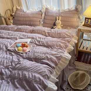 正品 公主N风浅色系三床裙四件IS套雾霾蓝泡泡双层花边被套1.2 韩版