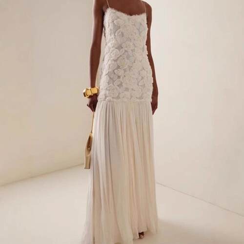 Elegant 3D Floral Sling Long Dress Women Retro White