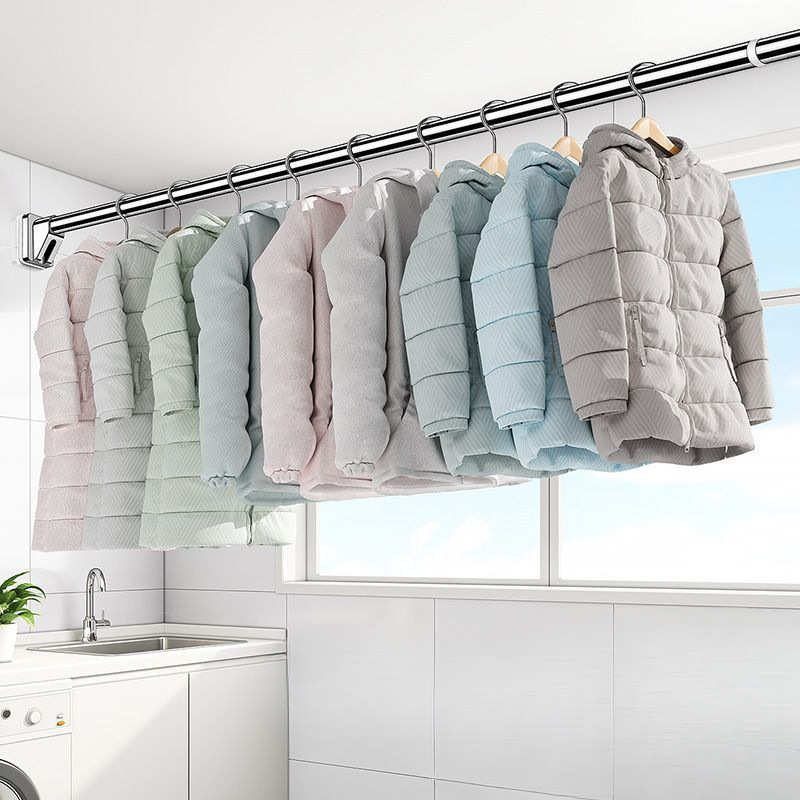 免打孔伸缩晾衣杆万能型收缩窗帘杆阳台不绣钢挂凉衣架浴室画文伍