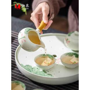 3ZBY批发御泉手绘陶瓷茶盘圆形储水式家用功夫茶具小型干泡茶台茶