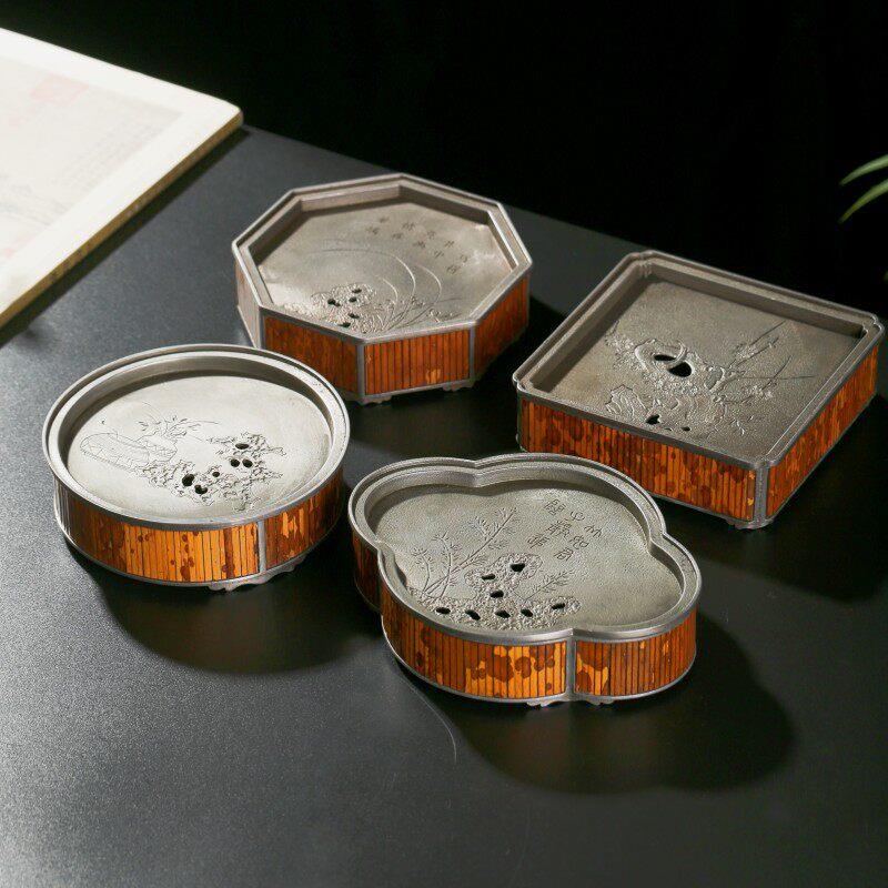 老锡梅花壶承茶具 古篱品牌干泡式海棠茶盘 小型岩石方形杯垫