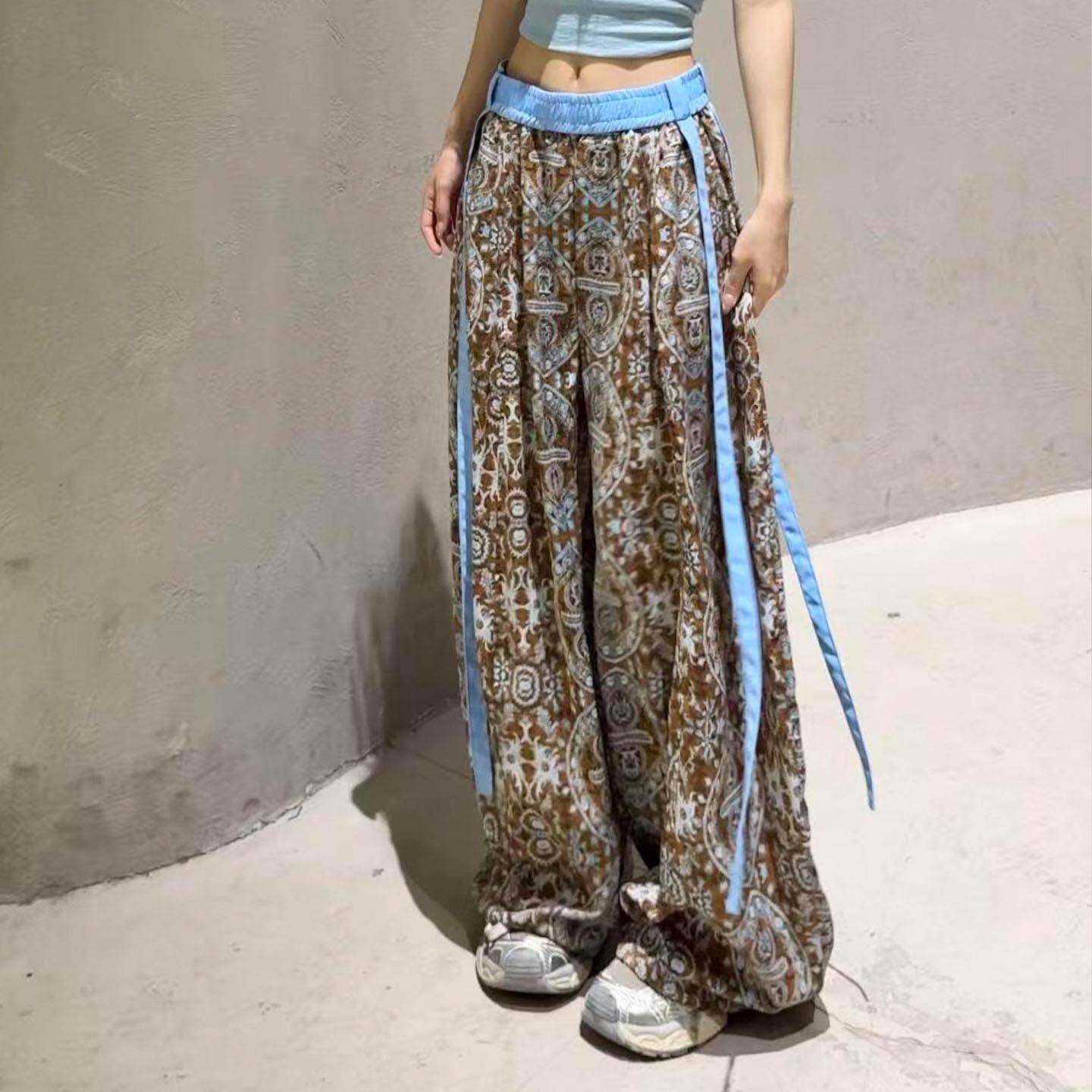 好货多巴胺飘带休闲裤女高腰显瘦2026年Q复古碎花阔腿裤时尚遮肚