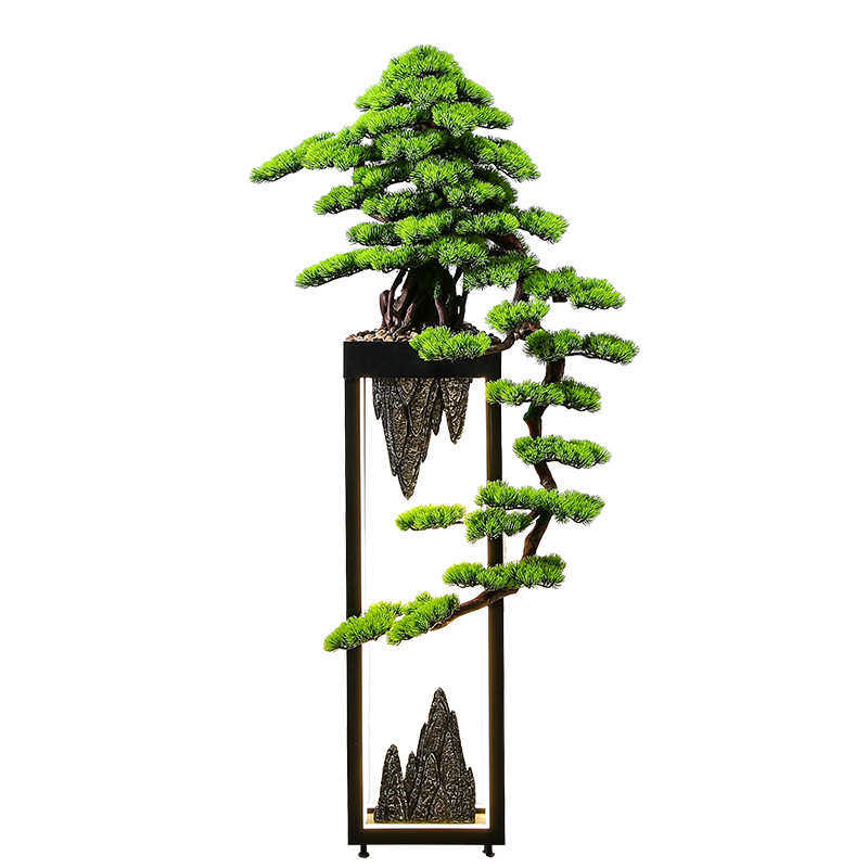 新中式家居摆件仿真迎客松实木盆景玄关酒店大堂名宿样品房装饰品