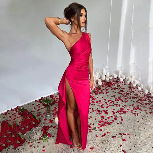 Womens Plain Satin One Shoulder Party Dress Elegant Slit Hem