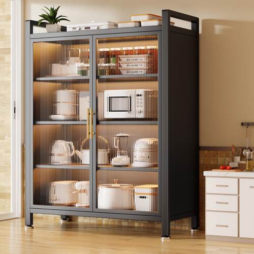 家用钢制落地多功能橱柜多层靠墙置物架收纳碗柜防尘可调节储物柜