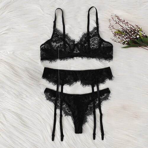 Three-piece sexy sexy lace bra panty garter belt
