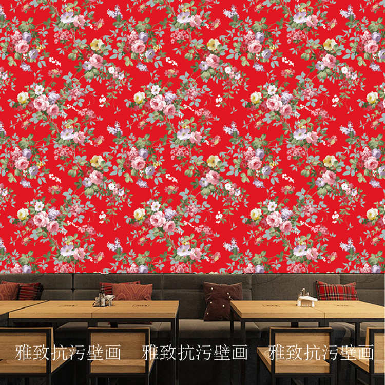 东北大花布墙壁纸东北风格壁布私房菜民俗贴纸特色铁锅炖饭馆墙纸