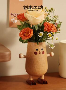 要抱抱的小鸡/实木质桌面创意笔筒干 干燥花香薰花瓶器治愈工位摆
