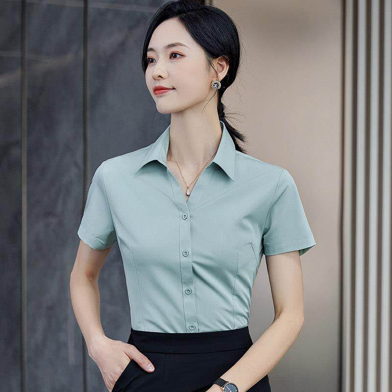绿色衬衫女高级感夏季短袖工作服竹纤维免烫职业正装气质V领衬衣