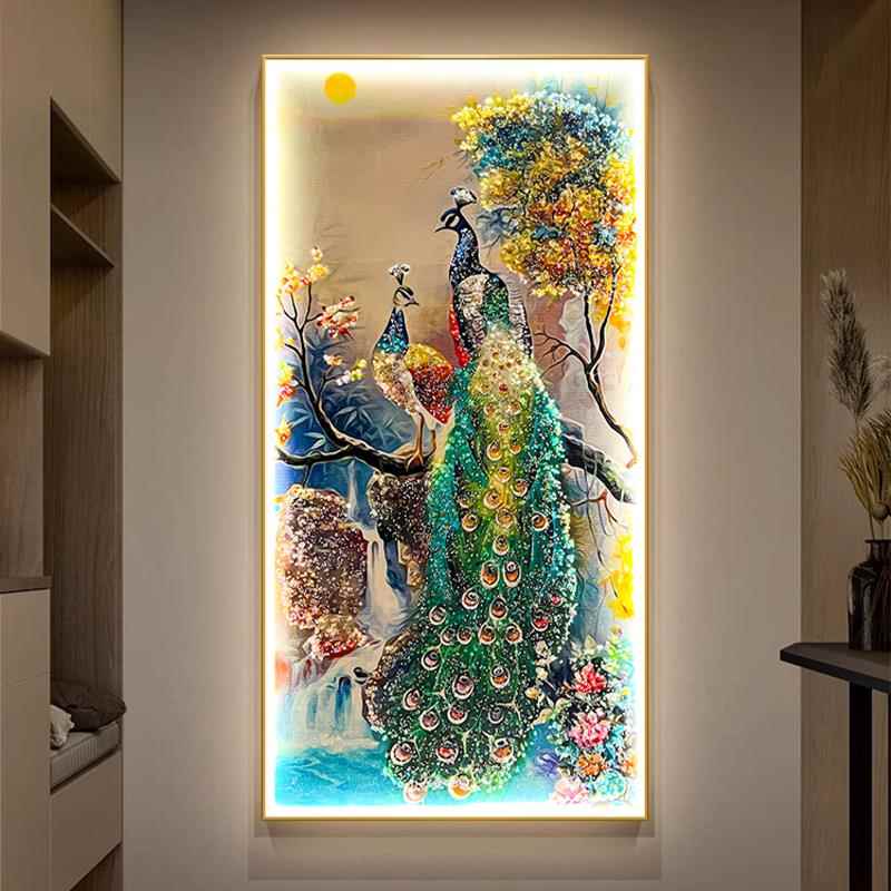 新中式孔雀入户玄关装饰画声控LED灯光挂画走廊过道镶钻晶瓷壁画