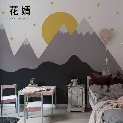 北欧壁纸日落儿童房壁布家用墙纸现代几何卧室背景墙定制壁画墙布