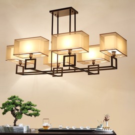 新中式简约客厅半吊灯，现代复古方形灯具禅意，餐厅饭厅中国风灯饰