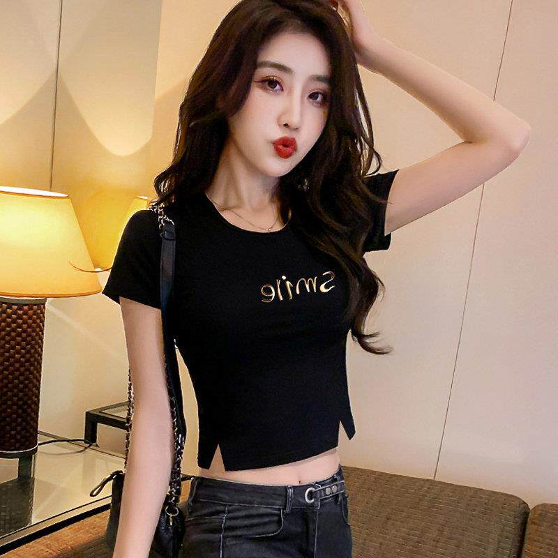 美式辣妹短袖T恤女2026夏新款修身显瘦开叉性感高腰露脐短款上衣