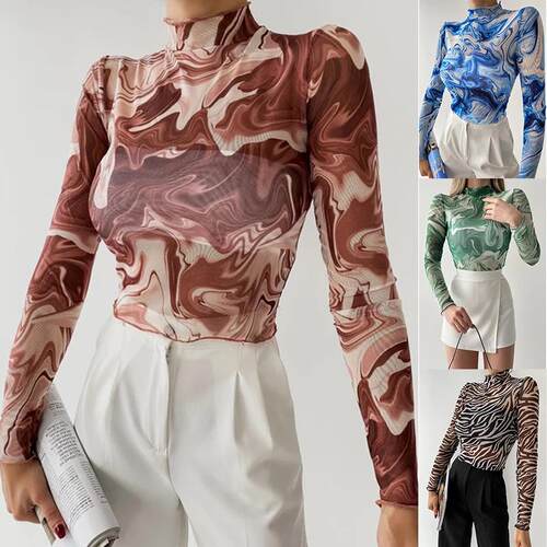 Printed semi high neck long sleeved mesh shirt