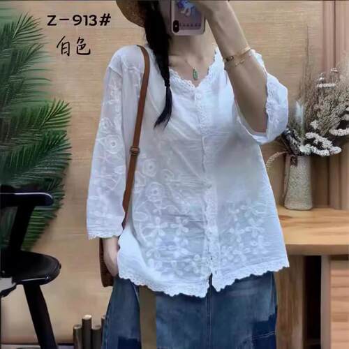 Flower Embroidered Single Top Thin Shirt