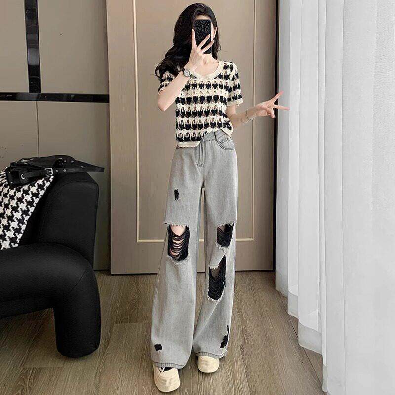 SUPDORX~时髦休闲套装女夏镂空针织短袖上衣阔腿牛仔裤时尚两件套