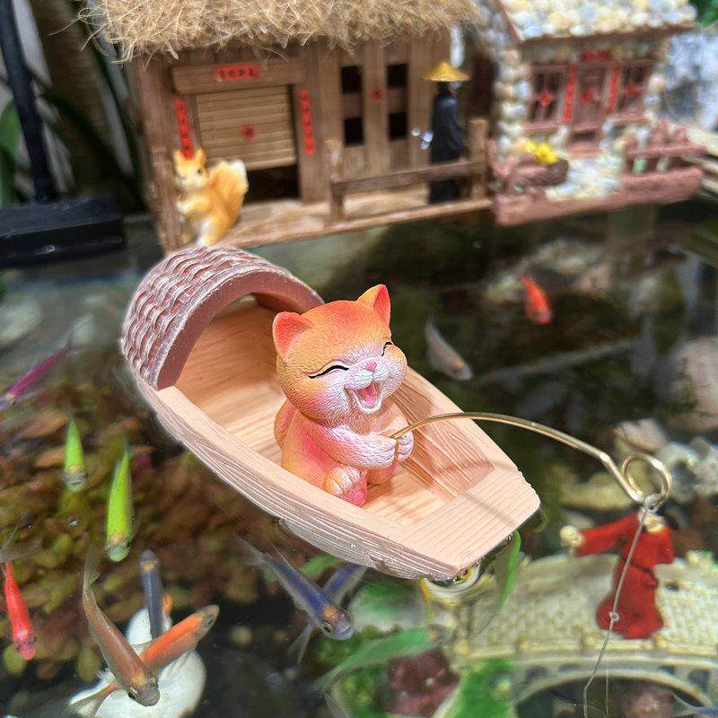 浮水漂浮乌篷船小船小猫钓鱼微景观摆件水缸鱼缸假山鱼池造景装饰