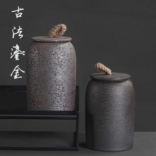 茶叶桶家用大号陶瓷罐陶罐批发 复古陶瓷茶叶罐粗陶密封罐一斤装