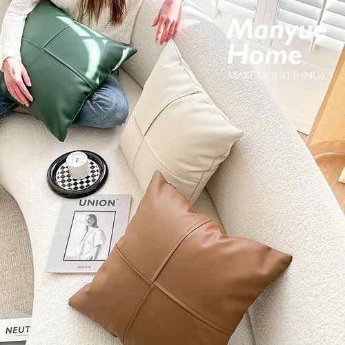 蔓家复古HYtlutrlPU床皮面十字纹抱枕越客厅发午睡腰靠沙枕头靠垫