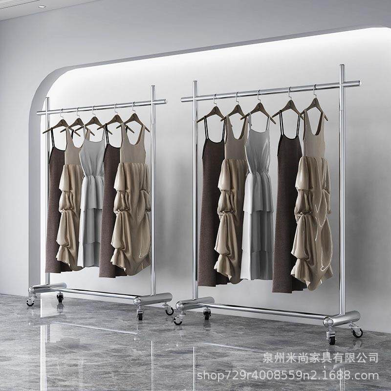 不锈钢拉丝银色挂衣杆带轮子女童装店侧挂货架服装店落地架货架