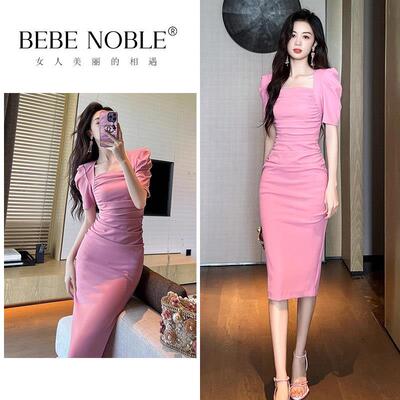 BEBE NOBLE夏季法式气质方领短袖小香风连衣裙女修身显瘦包臀长裙
