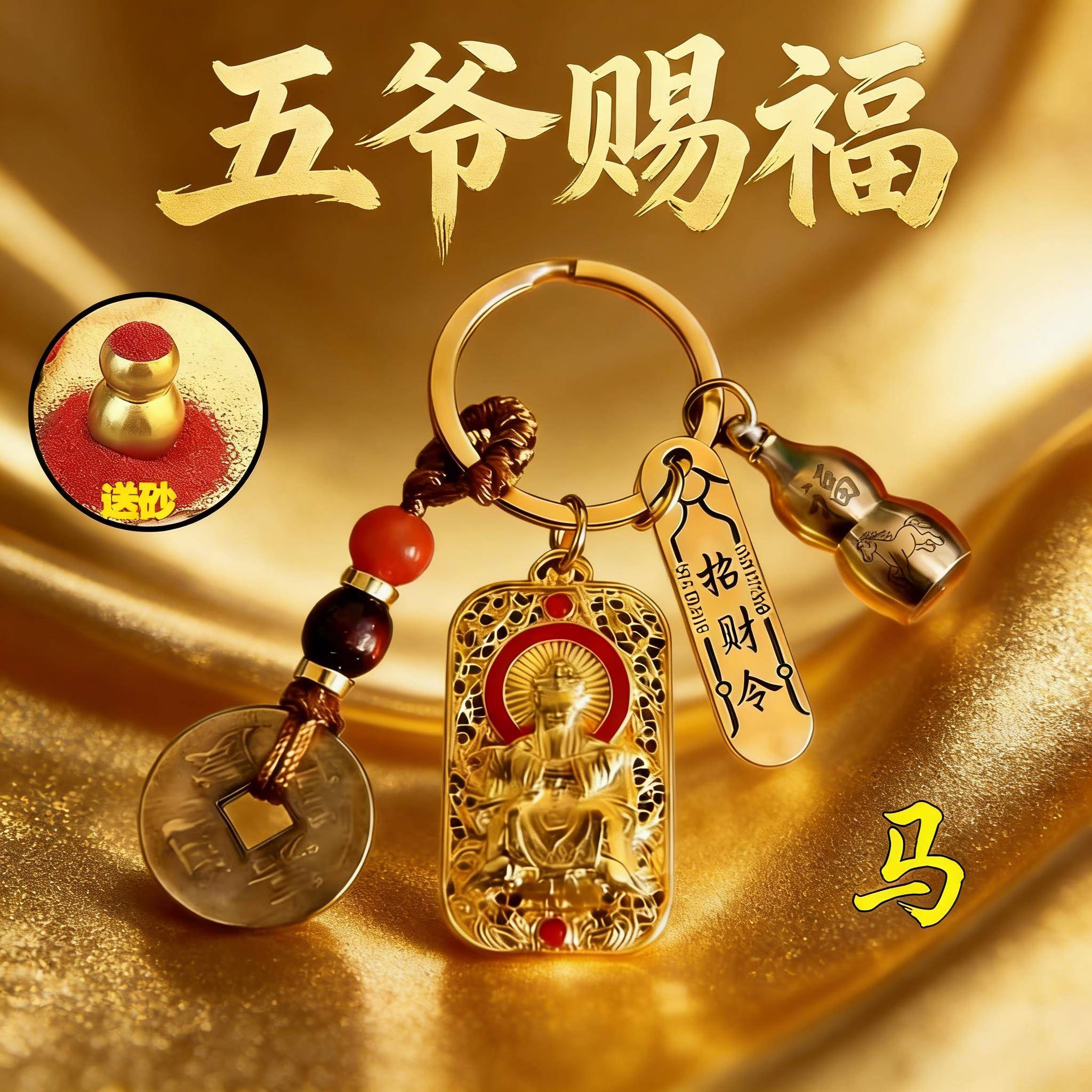 五台山甄选双面雕刻五爷方牌富贵临门汽车钥匙扣十二生肖挂件