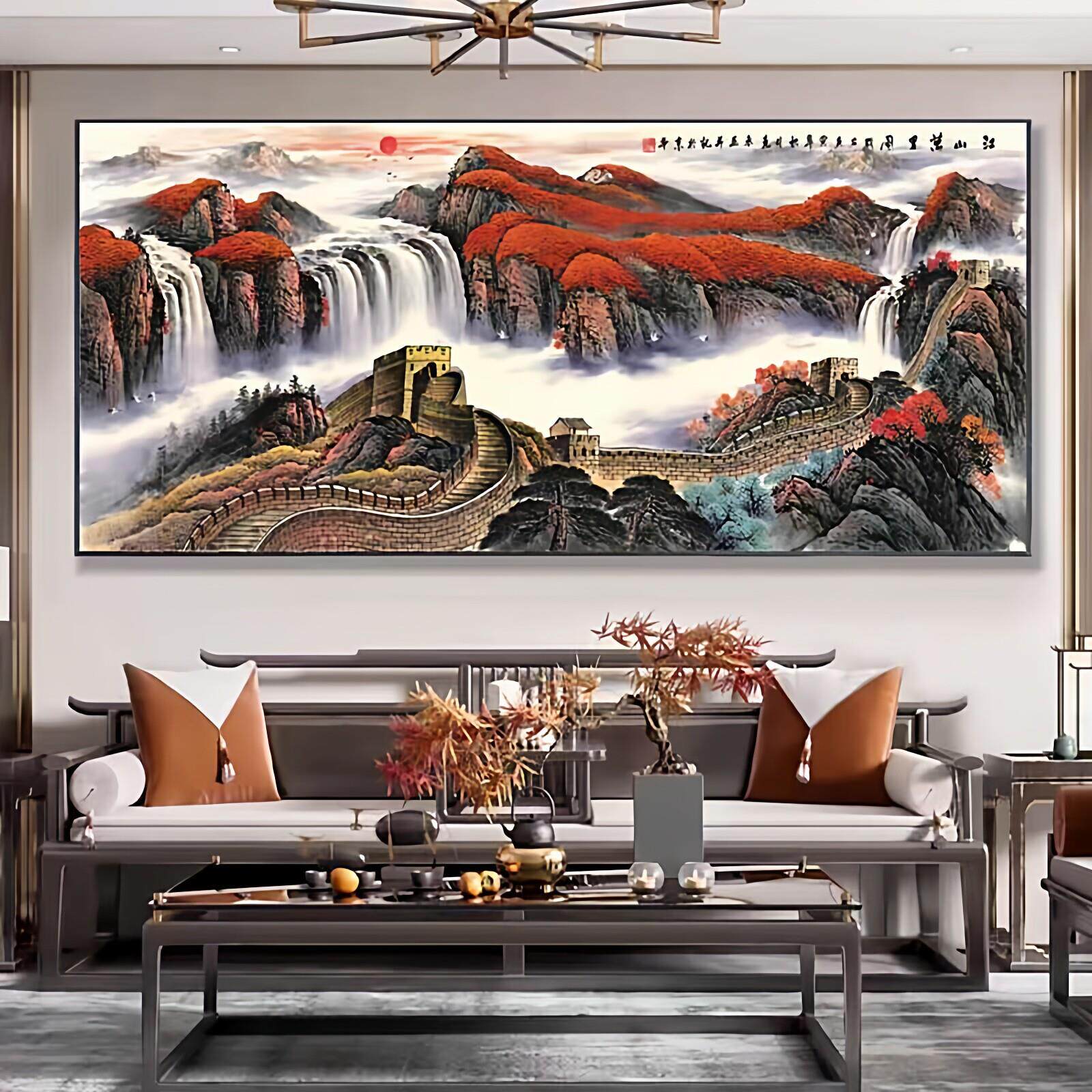 国画山水风景靠山装饰画办公室挂画客厅中堂画沙发背景墙壁画中式